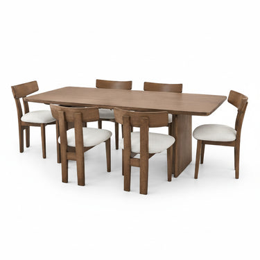 Wooden dining set with rectangular table and six cushioned chairs