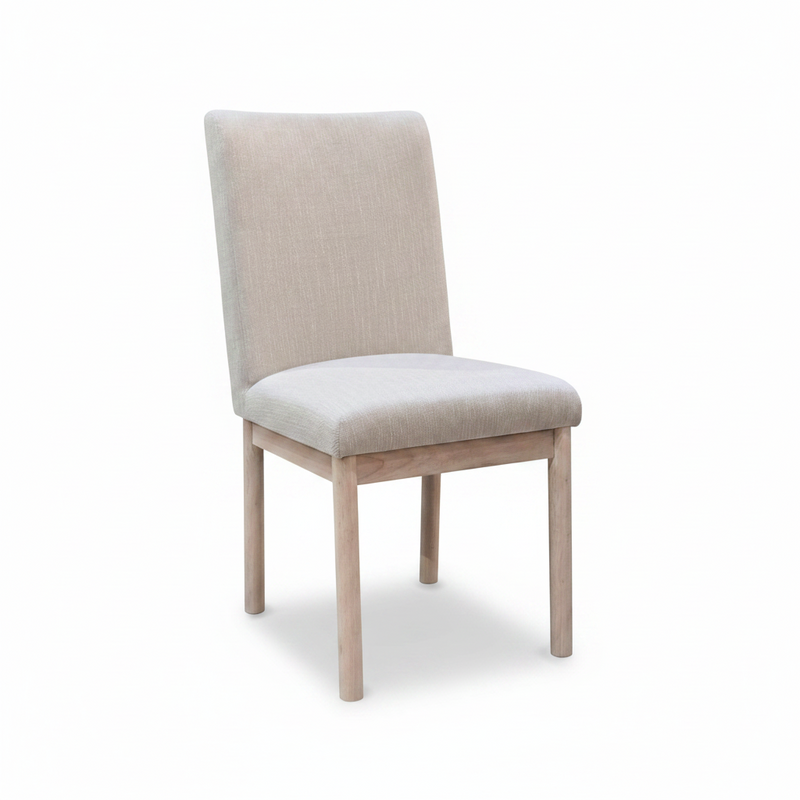 Beige fabric dining chair with tall backrest, upholstered seat, and wooden legs