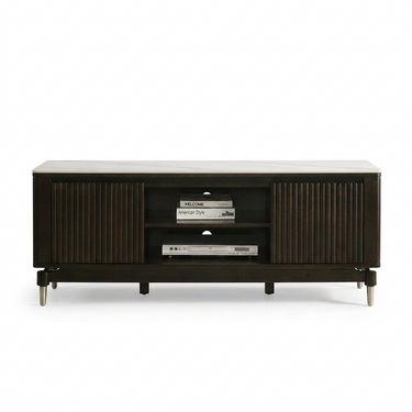 Front view of a dark wood TV cabinet with fluted doors, open shelves, and tapered metal legs