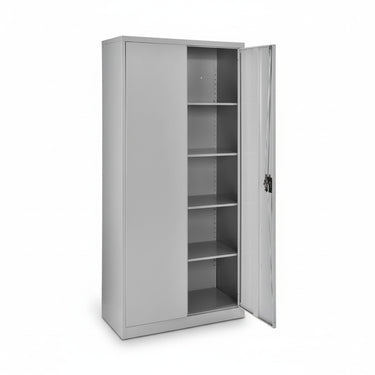 Gray steel cabinet with open hinged door and four interior shelves