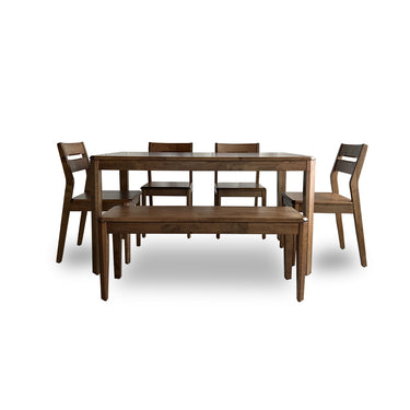 Rectangular dining table with bench and 4 chairs, dark wood finish