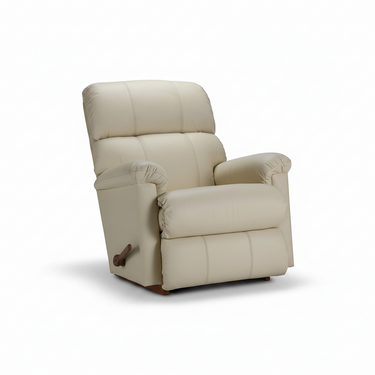 Light beige full-leather rocker recliner with raised headrest and side control lever