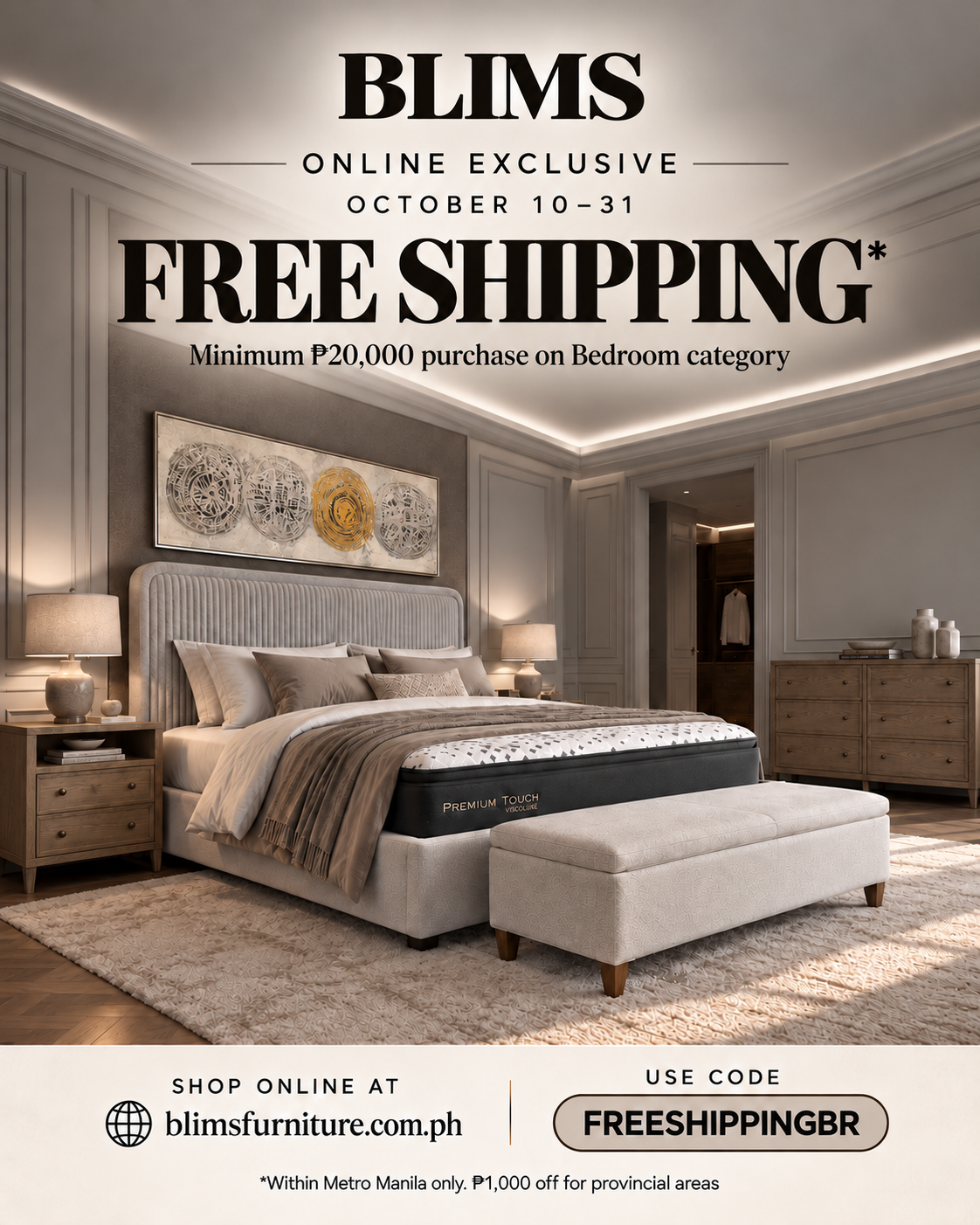 An elegant neutral bedroom with an upholstered bed, mattress and wooden bedside furniture