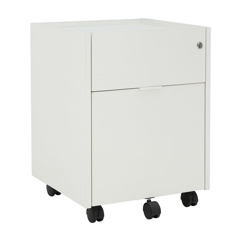 ALFA mobile pedestal in white with 2 compartments and metal caster wheels