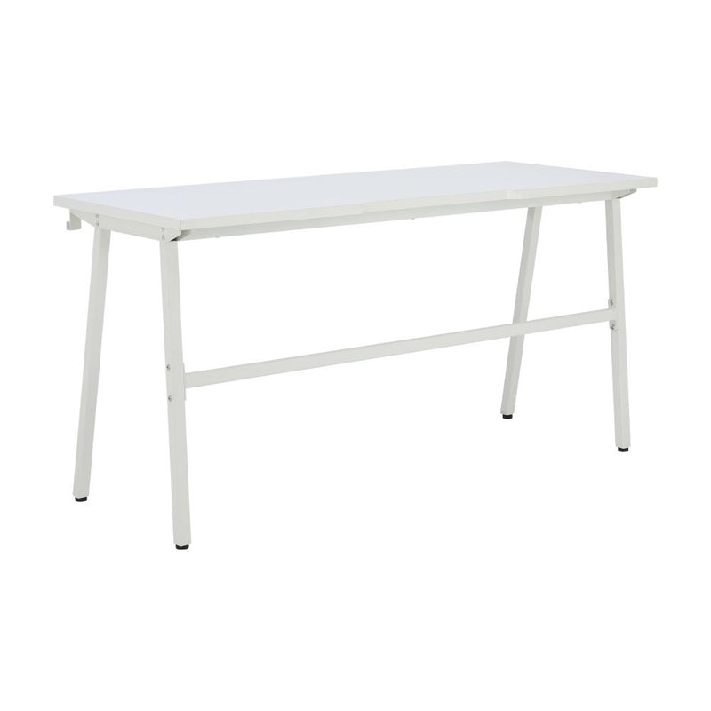 White executive desk with rectangular tabletop and crossbar support