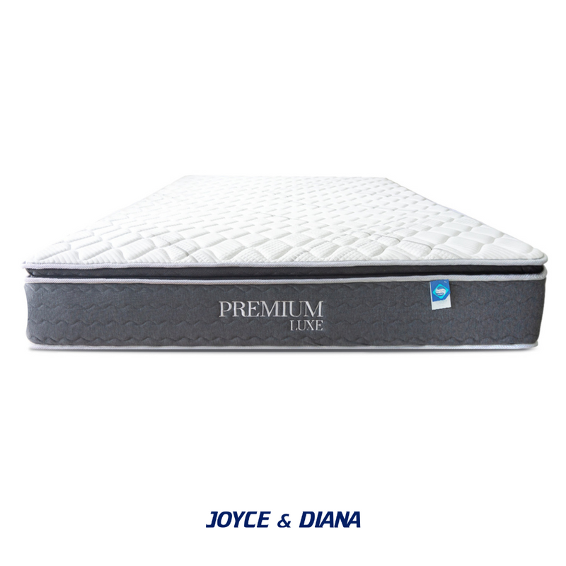 Premium Luxe mattress by Joyce & Diana, quilted top and dark blue side label