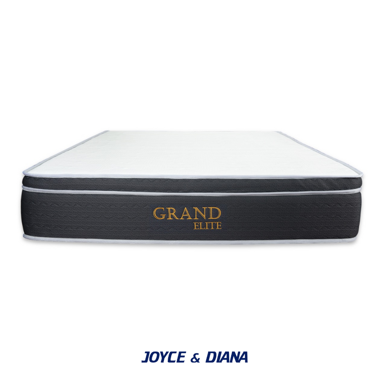 Mattress with quilted white top, dark base, and gold logo centered on front
