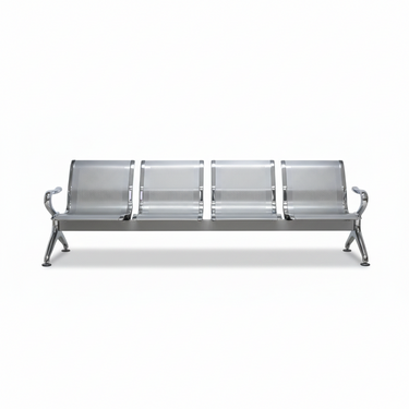 Silver 4-seater gang chair with four aligned seat panels and metal arm supports
