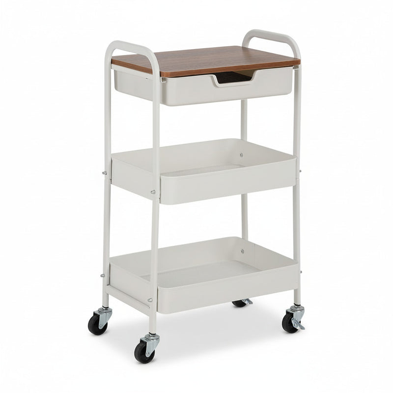 White storage cart with wood tabletop, open sides, and three stacked shelves on caster wheels