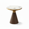 Round side table with white marble-look top and gold pedestal base