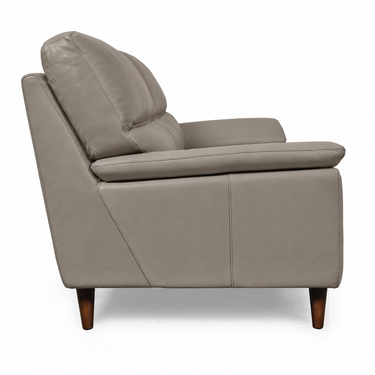 2-seater sofa side view in gray faux leather with thick seat cushion and dark wood legs