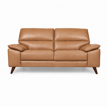 2-seater sofa in brown faux leather with tufted back, wide arms, and dark wood legs