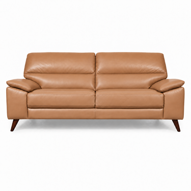 Brown 3-seater sofa with padded arms and tufted back, wooden legs