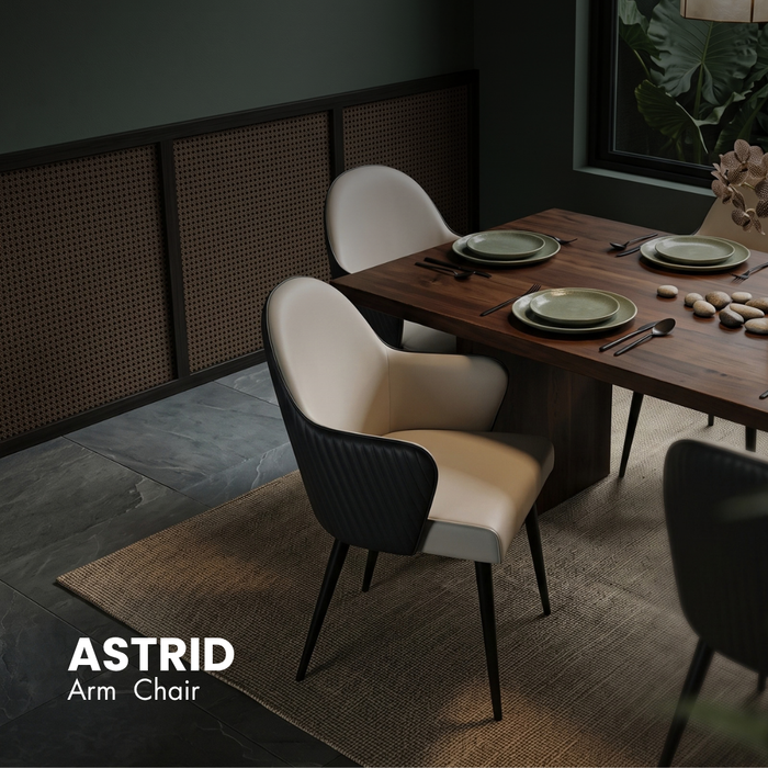 ASTRID arm chair with cream upholstery, curved back, armrests, and dark fluted legs