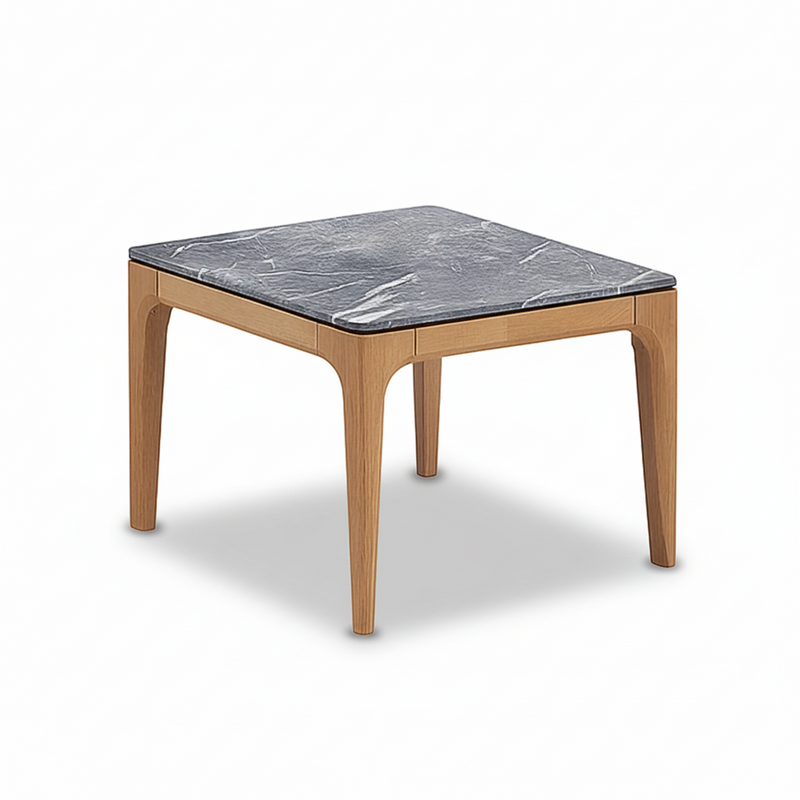 Wood side table with gray stone-pattern top and angled legs
