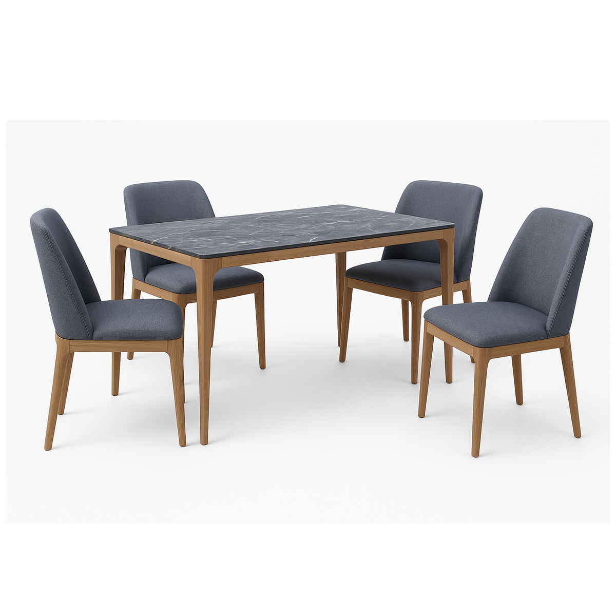 Dining table set for 4 with dark upholstered chairs and stone-look tabletop