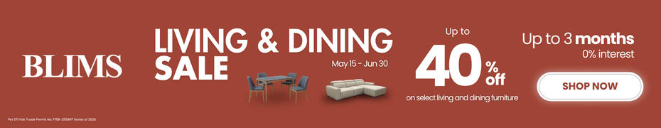Blims Living & Dining Sale advertisement with furniture images and promotional text on a brown background.