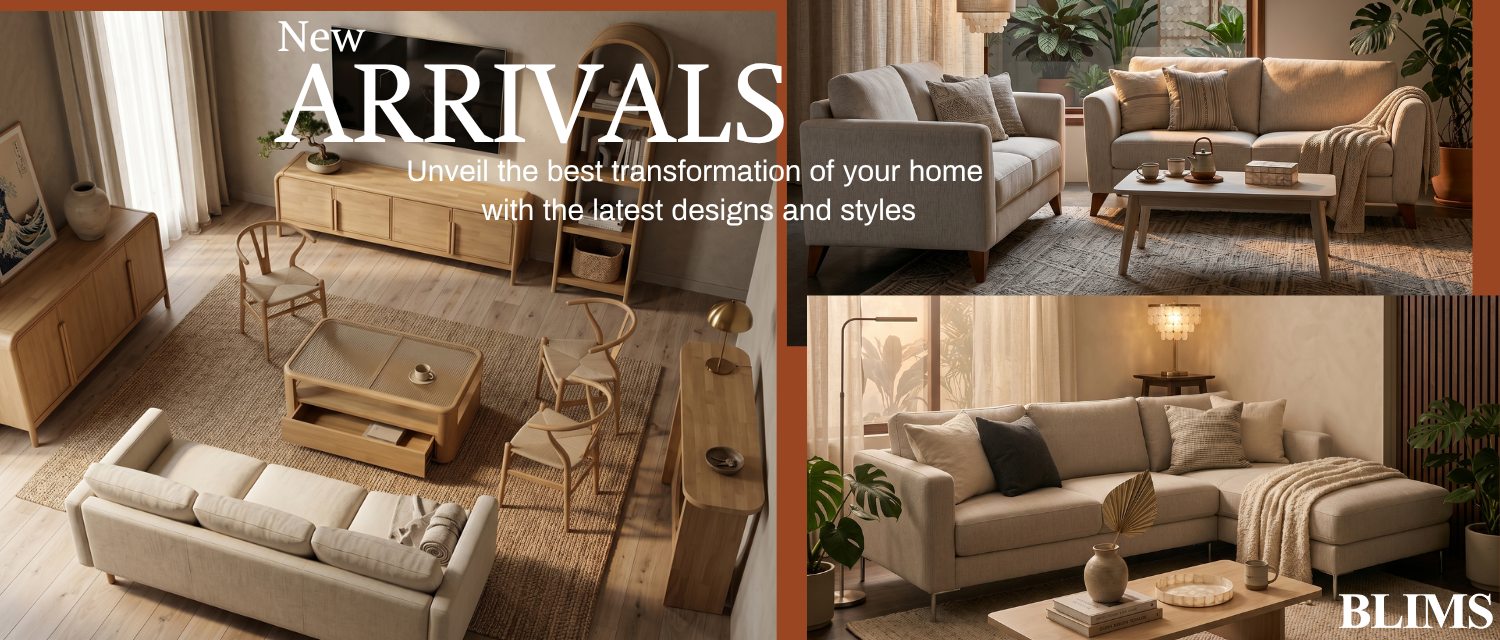 Collage of living room furniture with 'New Arrivals' text and BLIMS branding.