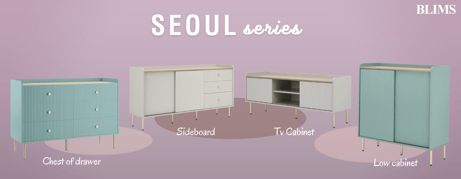 Furniture set with 'Seoul' series labels on a pink background