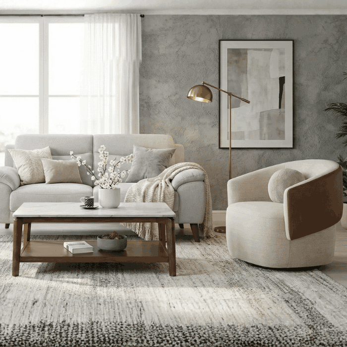 Modern living room with gray sofa, armchair, and coffee table.