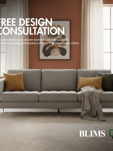 Gray sofa with colorful pillows in a living room setting, featuring BLIMS branding.