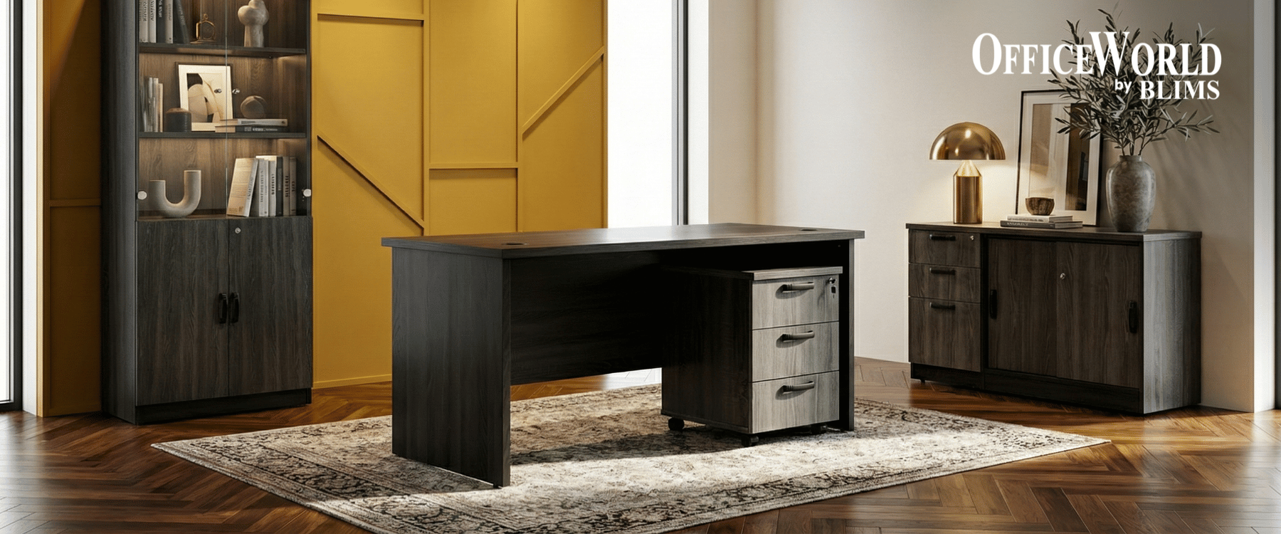 Dark wood office desk with drawers in a room with a yellow wall and large window.