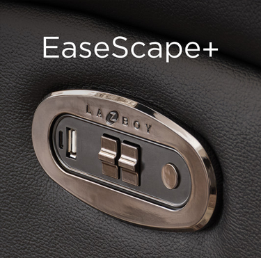 Metallic USB charging port and lock on a black leather surface with 'EaseScape+' branding.