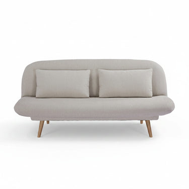 Beige sofa with wooden legs on a white background