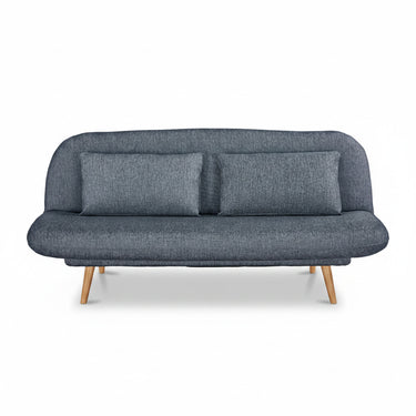 Gray fabric sofa with wooden legs on a white background