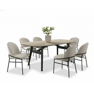 Dining set for 6 with light wood table, black legs, and 6 gray upholstered chairs