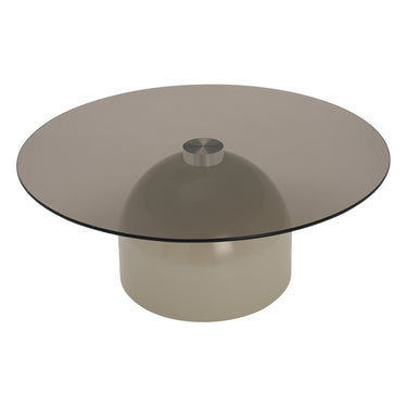 Center table with round glass top and pedestal base, light gray-beige finish