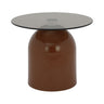 Glass round side table with brown column base and clear center detail