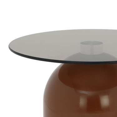 Round glass side table with brown dome base and clear center knob
