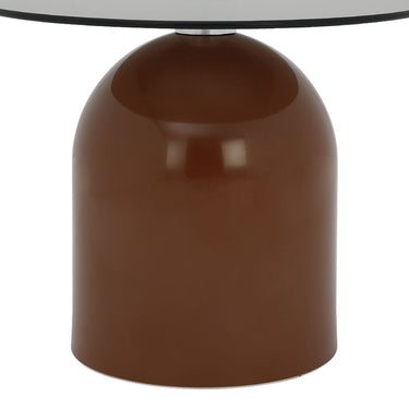 Round glass tabletop on a glossy brown pedestal base with clear cap