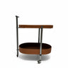 Two-tier storage cart with brown round trays, black metal frame, and caster wheels