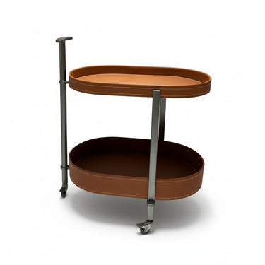 Two-tier storage cart with brown oval top tray, round bottom tray, on caster wheels