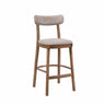 Brown oak barstool with light gray upholstered seat and back, curved footrest
