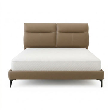 Mocca queen upholstered bed with tall headboard and matching platform base