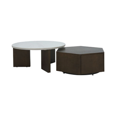 Set of nesting tables: round white top table plus dark square table with drawer front
