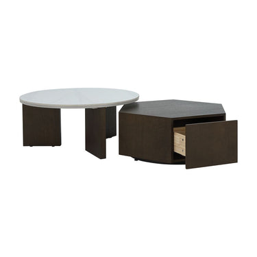 Two-piece nesting tables: round white top with dark base and square dark tabletop