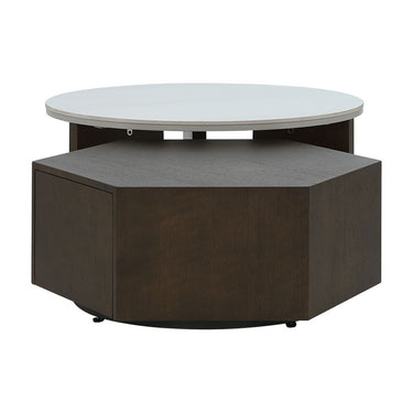 Round nesting table with white top, dark wood cabinet base, and open lift mechanism