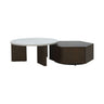 Two-piece nesting table set with white round top and dark square table with cabinet door
