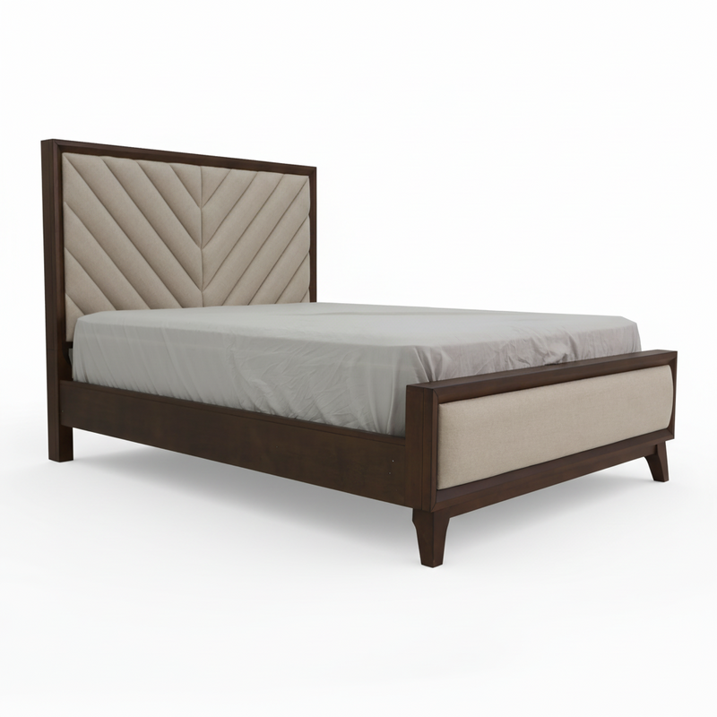 Queen bed with beige upholstered headboard and dark wood side rails, simple box base.