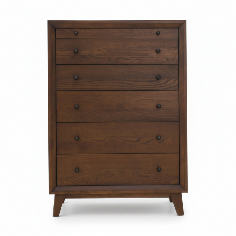 Wooden chest of drawers with five drawers and metal knob pulls, flat top