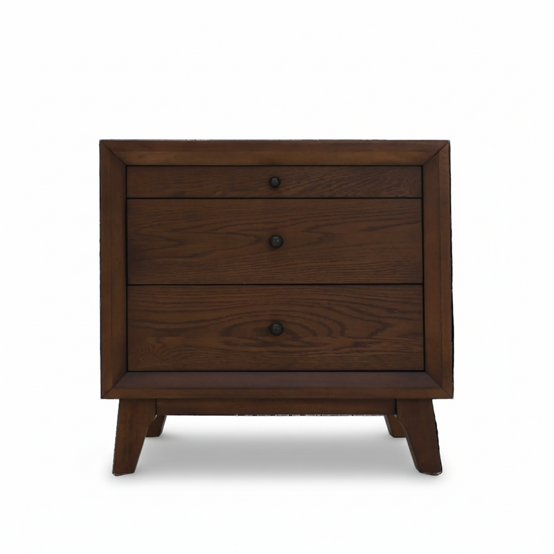 Dark wood nightstand with three drawers and round knobs