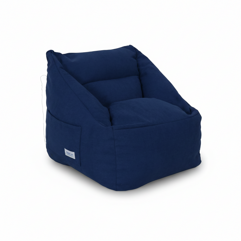 Dark blue fabric beanbag chair with small logo label on side