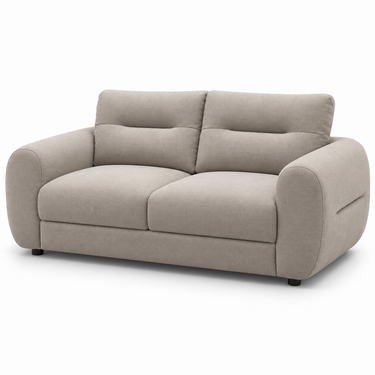 Tan 2-seater sofa with two back pillows, curved arms, and short legs.