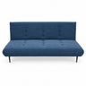 Blue fabric sofabed with tufted backrest panel, split seat, and black metal legs