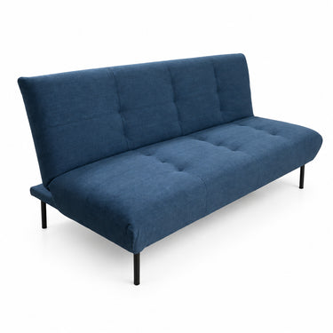 Blue upholstered sofabed with tufted back and seat, and black tapered legs