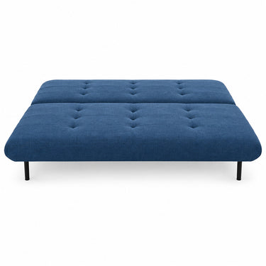 Blue sofabed mattress-style top with tufted channels and black legs